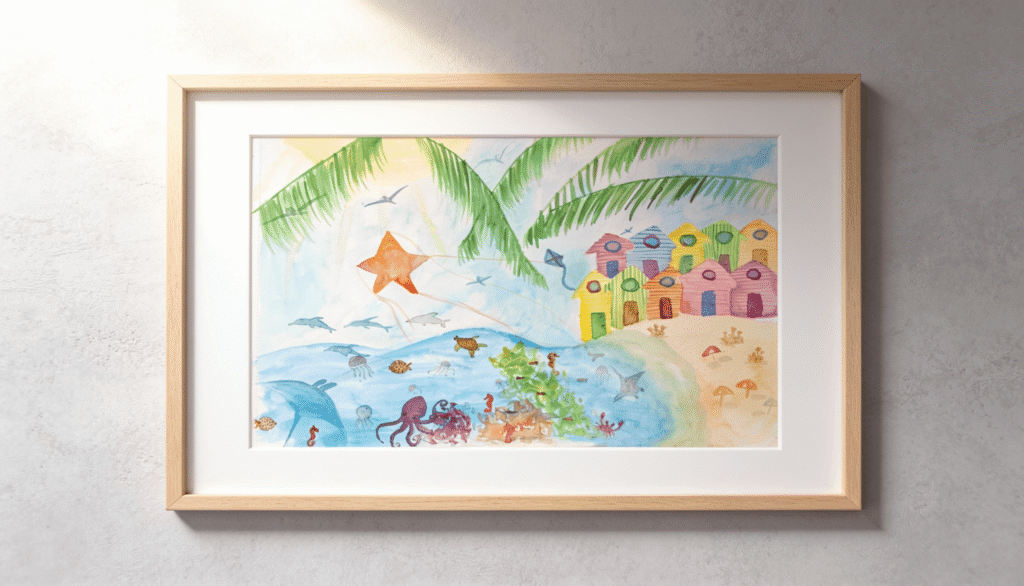 Acuarela con temática marina donde se ve una playa con animales marinos y un cielo soleado que ilumina unas casetas de playa.